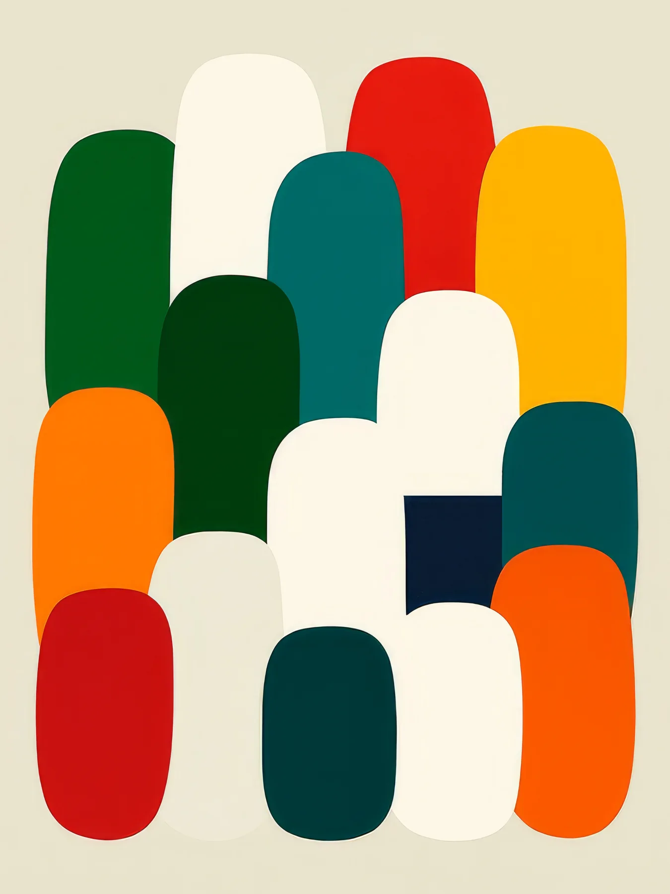 Onlly poster, Colourful Rounded Forms: Rows of rounded red, green, yellow and blue blocks create a lively abstract pattern.