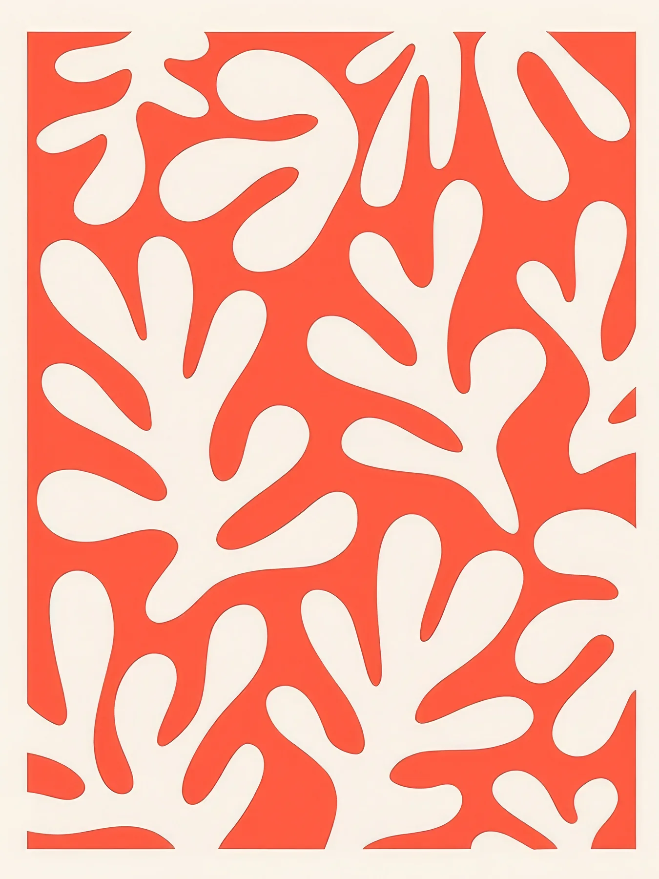 Onlly poster, Red Cut-Paper Leaves: Ivory leaf-like cutouts repeat across a vivid vermilion background.