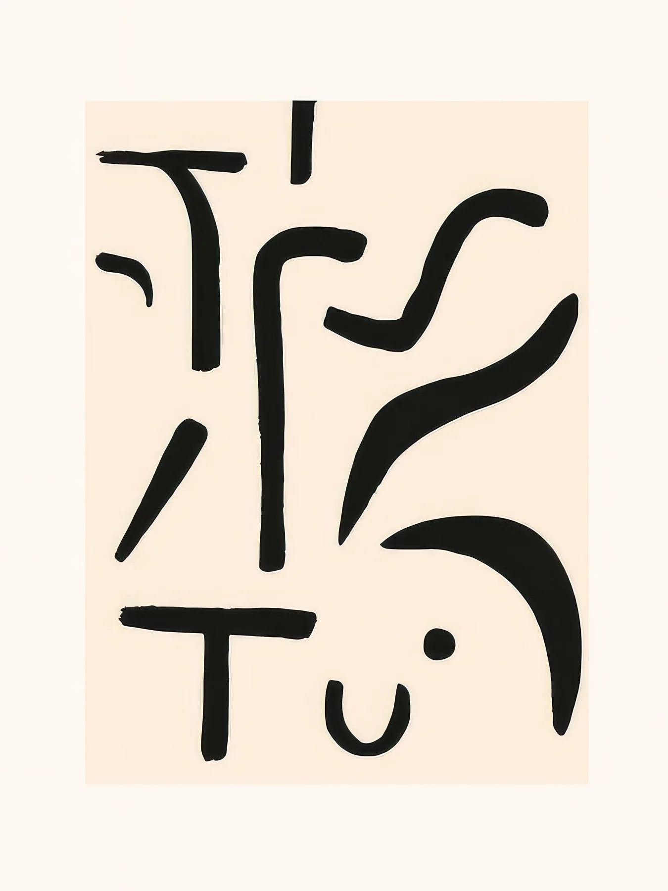 Onlly poster, Black Abstract Calligraphy: Expressive black brush-like characters and lines fill a pale ground.