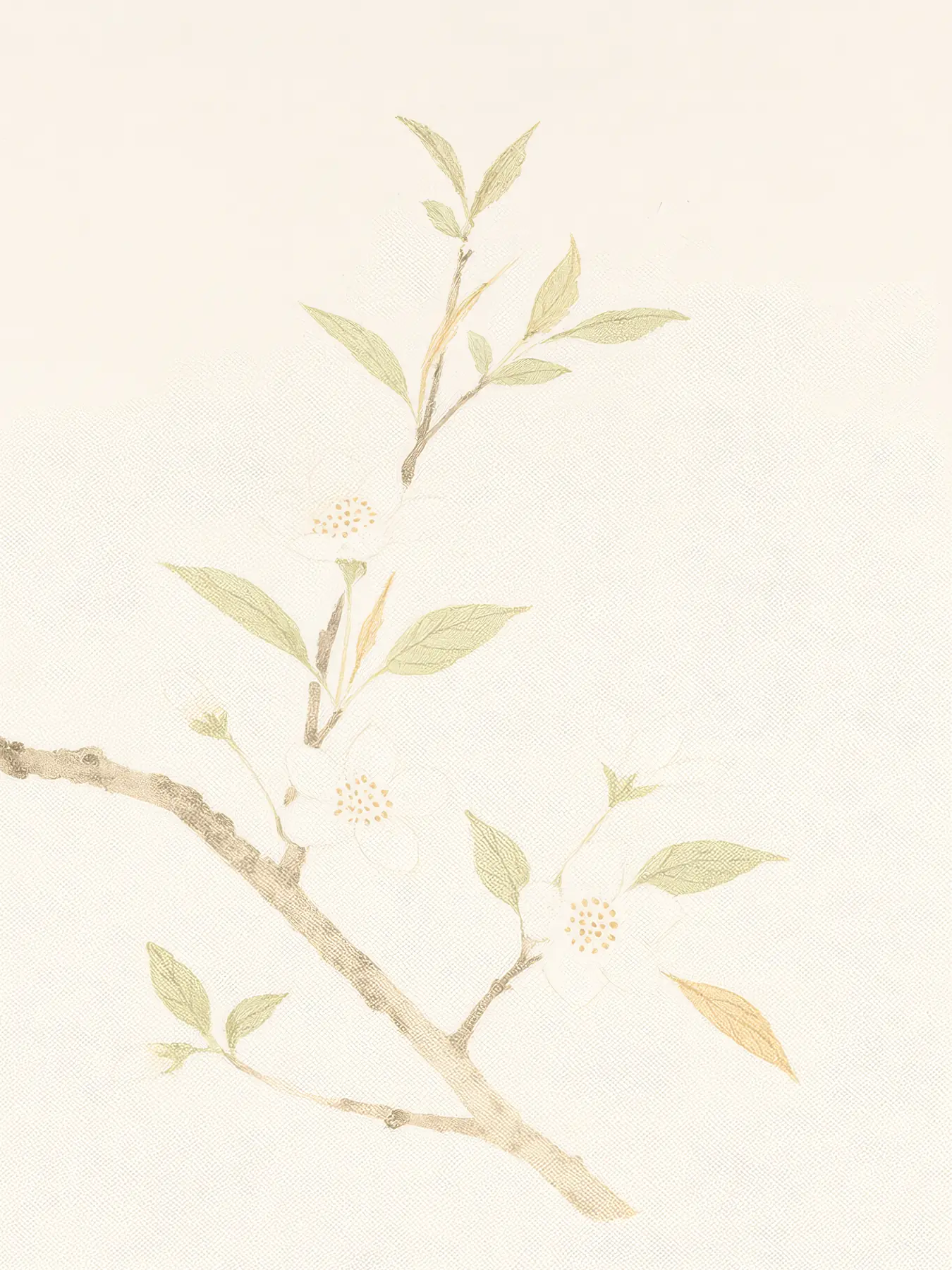 Onlly poster, Pale Branch in the Breeze: Fine ivory leaves and small buds extend from a slender branch.