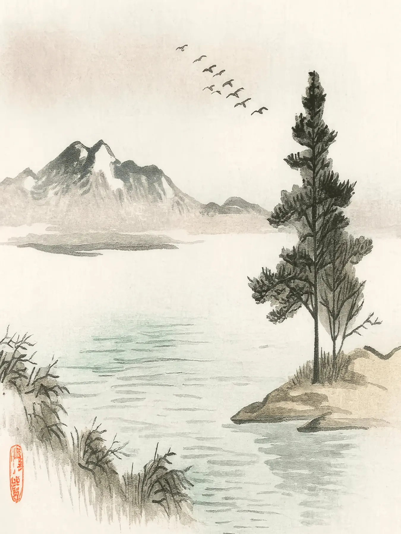 Onlly poster, Pine and Water in Ink: A spare ink landscape shows a pine tree beside still water and distant hills.