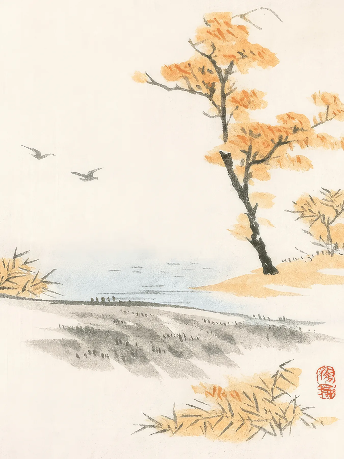 Onlly poster, Autumn Tree beside a Lake: A single golden tree stands over pale water with grasses along the bank.