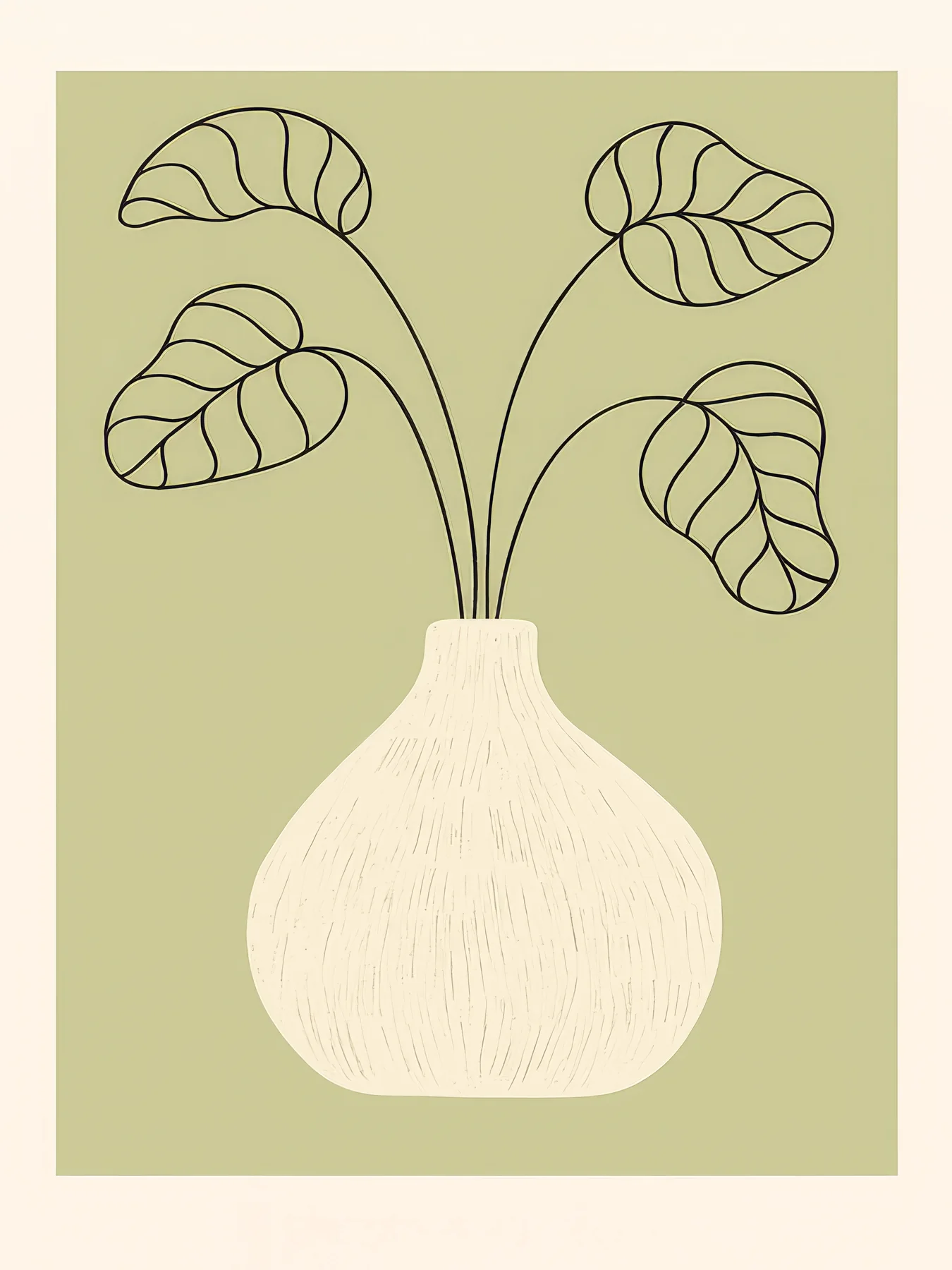 Onlly poster, Leaves in an Olive Vase: A small plant with round leaves rises from a soft green geometric vessel.