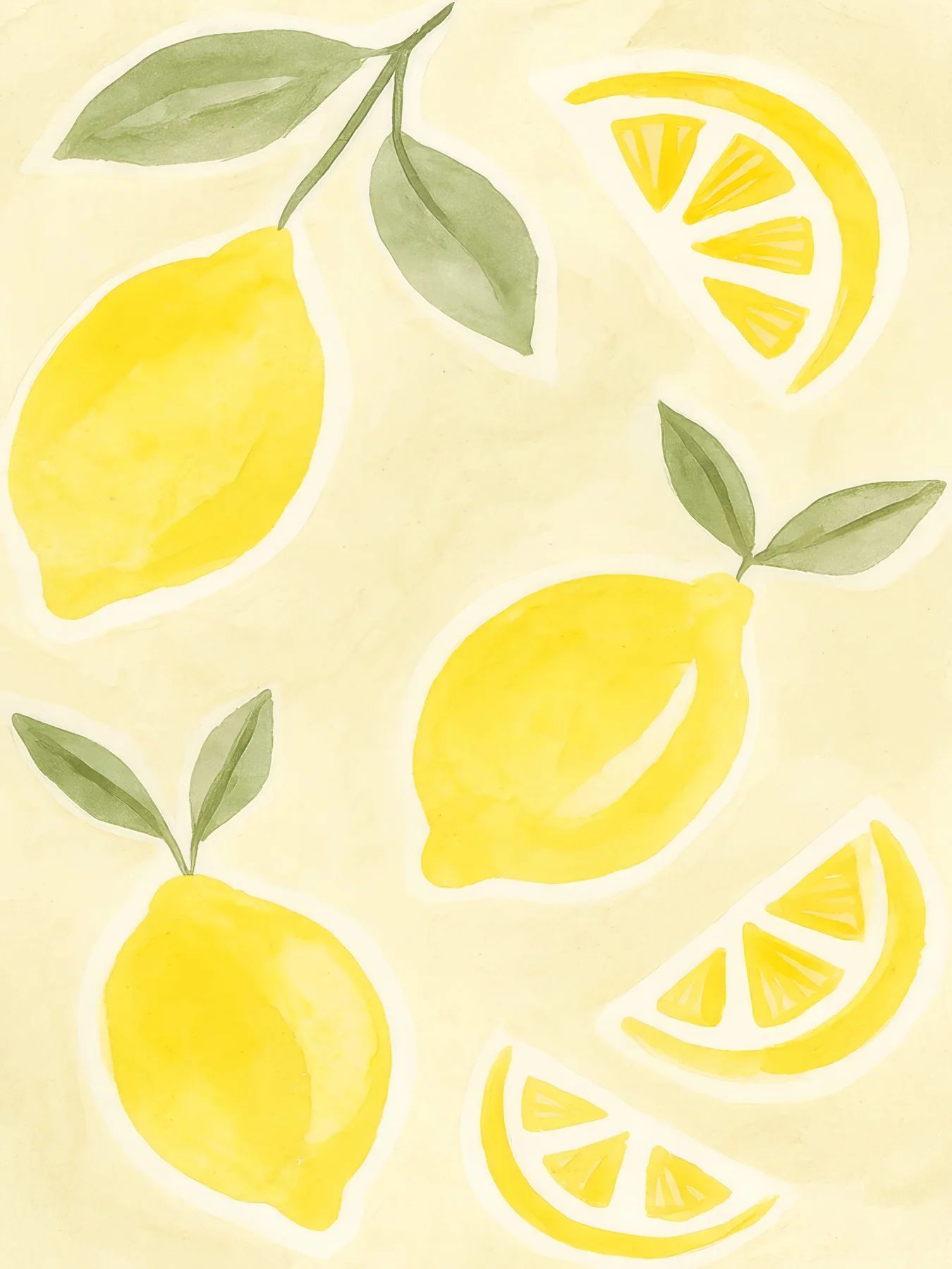Onlly poster, Lemons and Slices: Whole lemons and bright citrus slices with green leaves are scattered across pale yellow.