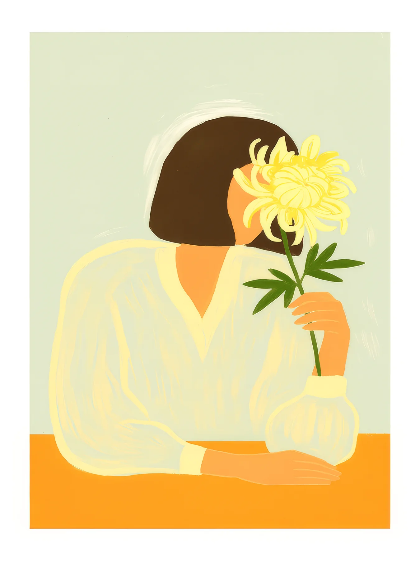 Onlly poster, Woman Holding a Yellow Flower: A woman in a pale blouse holds a bright yellow bloom close to her face.