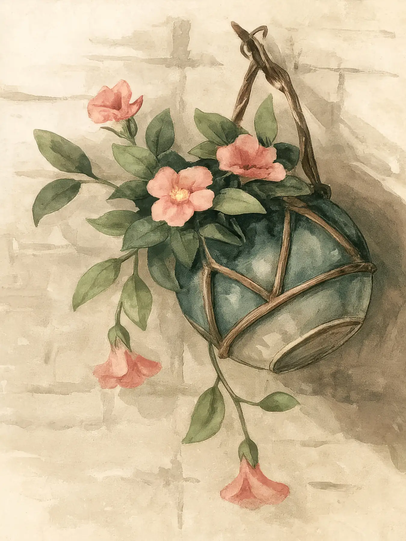Onlly poster, Pink Blossoms in a Basket: A rustic vessel holds soft pink flowers and green leaves.