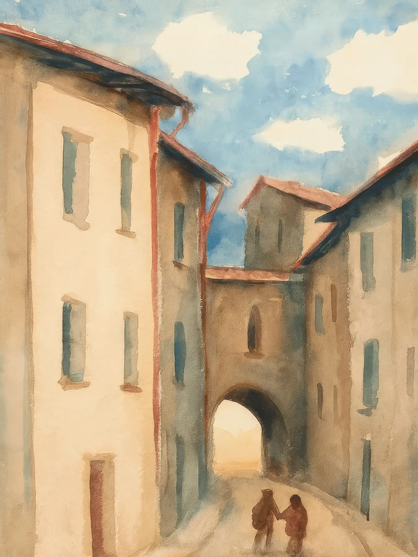 Onlly poster, Narrow Italian Street: Pastel buildings line a quiet old-town street beneath a pale blue sky.