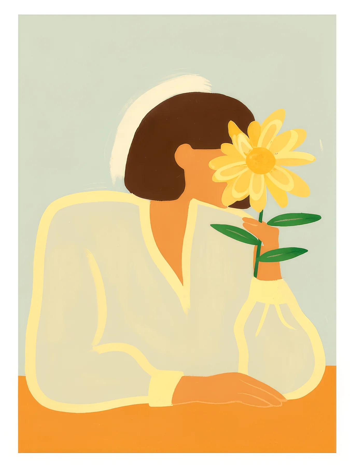 Onlly poster, Woman Holding a Golden Flower: A seated woman in pale yellow holds a bright flower against a warm background.