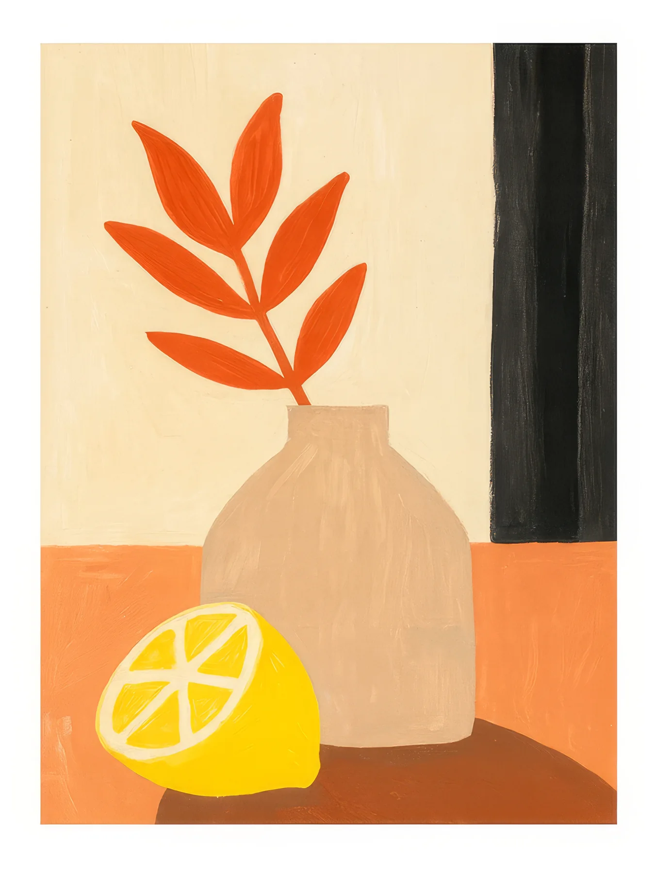 Onlly poster, Lemon and Vase Still Life: A pale vase, green leaves and lemon sit together on a warm tabletop.