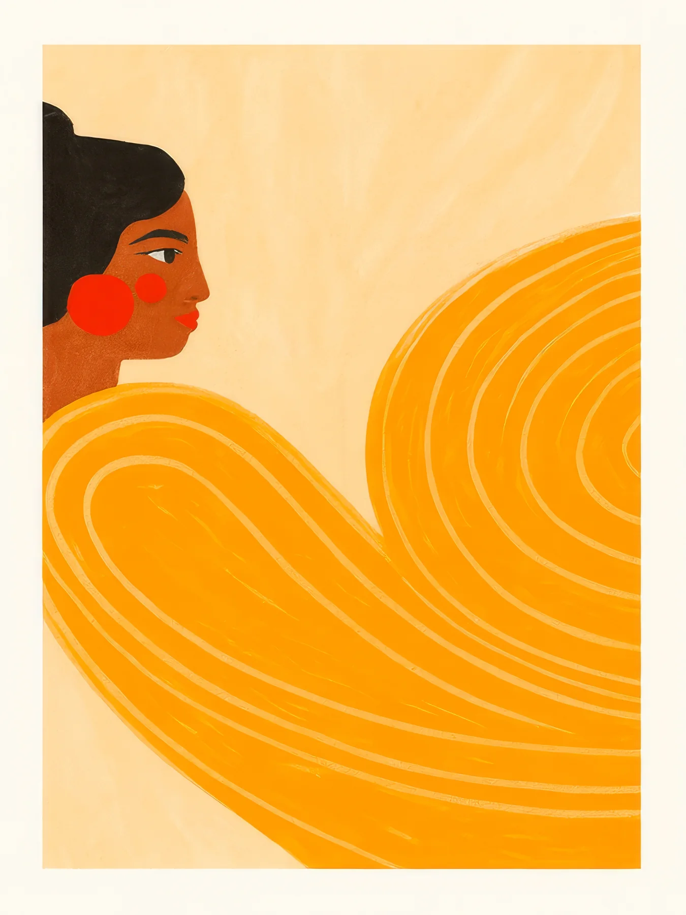 Onlly poster, Woman beside Golden Waves: A dark-haired figure stands beside flowing golden lines on a warm coral field.