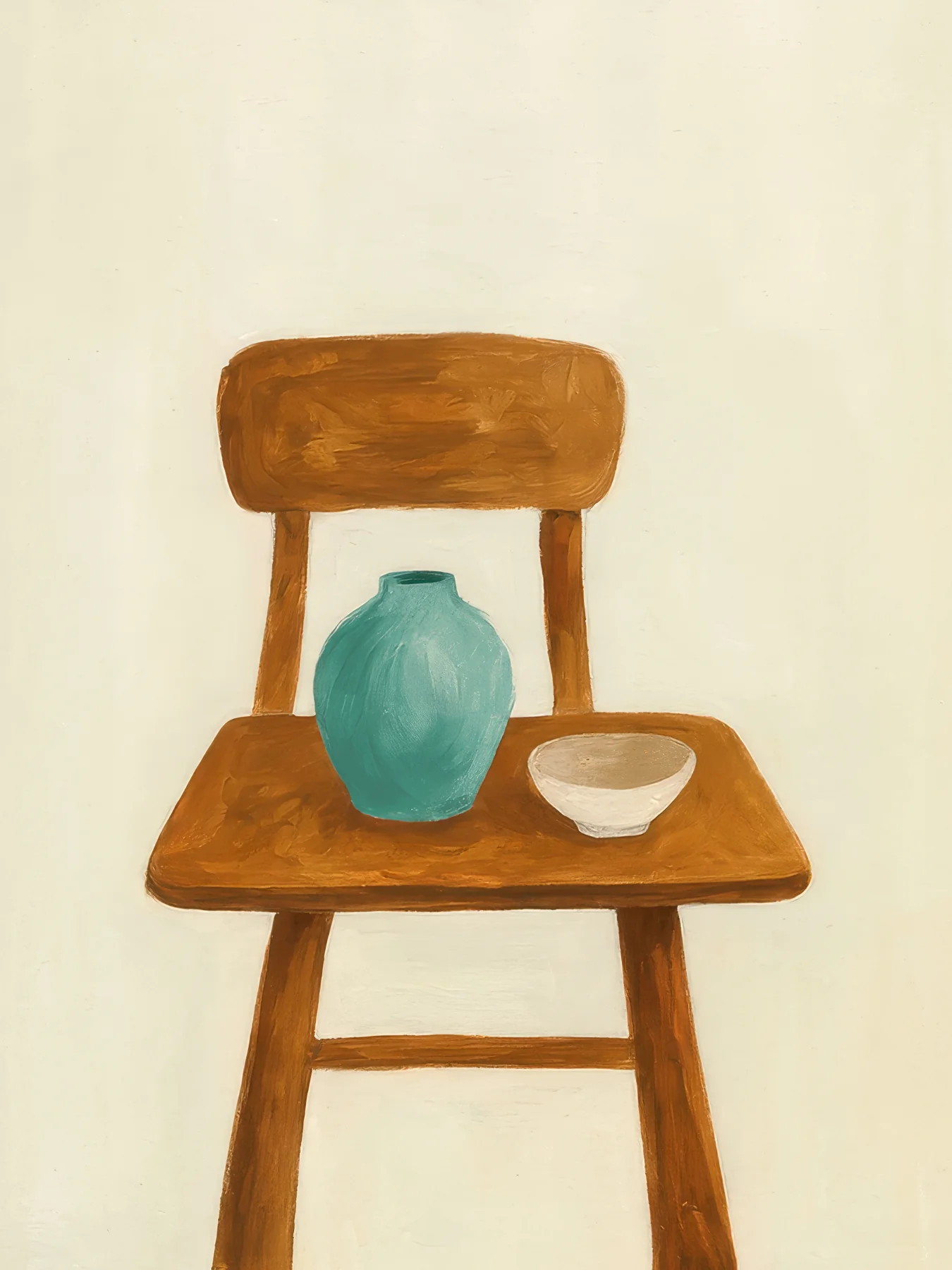 Onlly poster, Chair with a Small Vase: A wooden chair holds a small blue-green vase in a softly rendered interior.