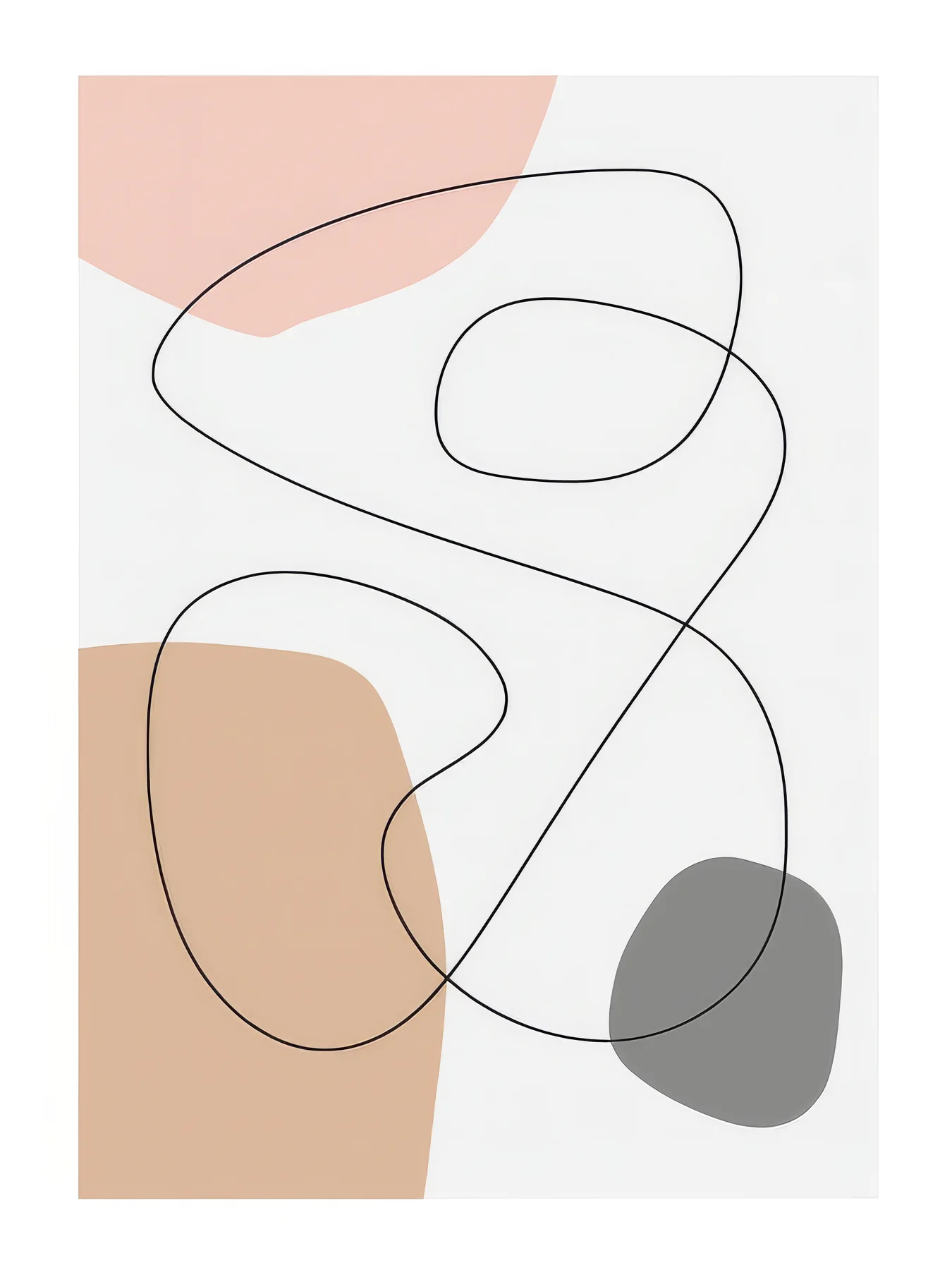 Onlly poster, Abstract Line with Grey Circles: A fine black line curves around muted pink and grey forms.