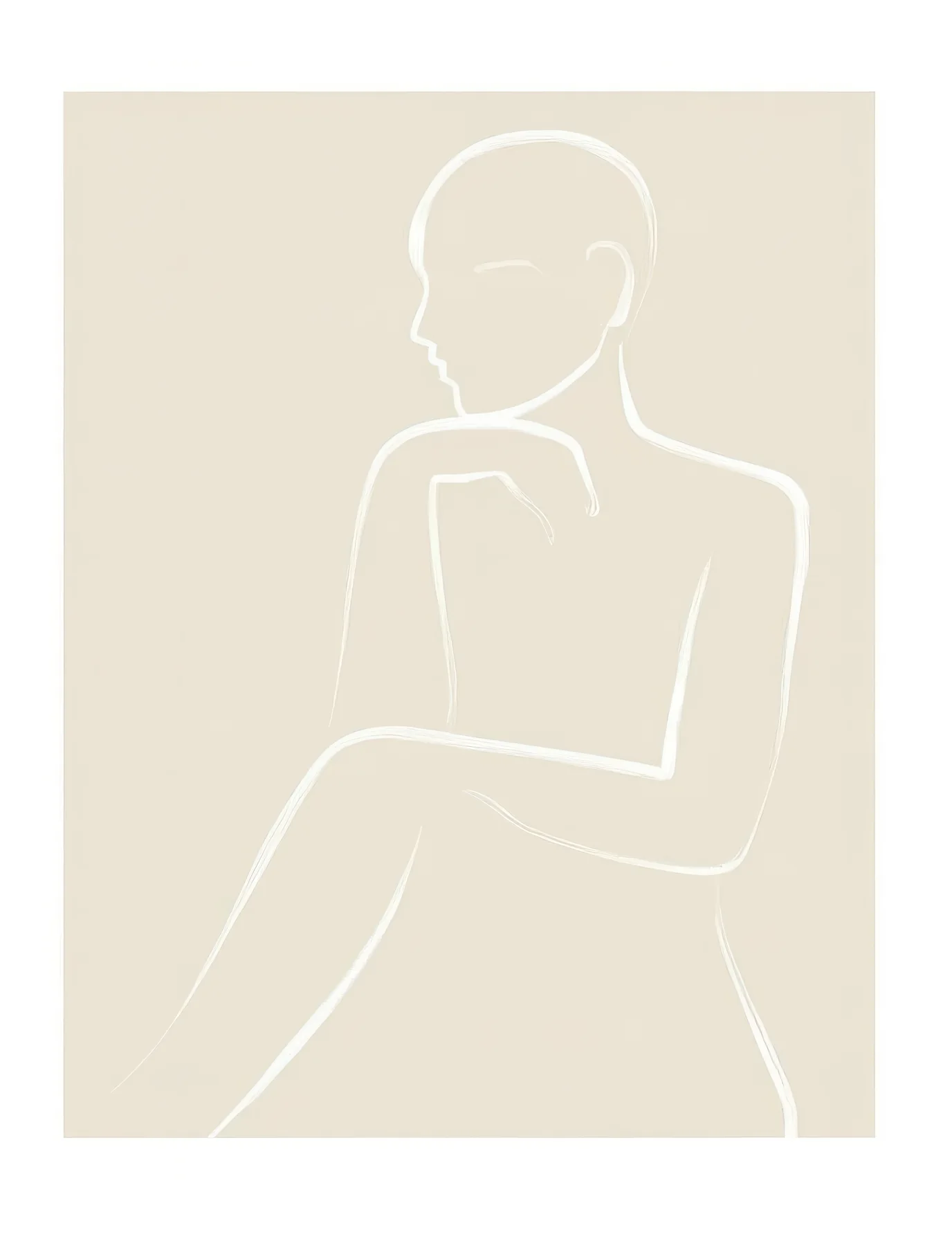 Onlly poster, Seated Figure in White Line: A thin white outline traces a seated figure on a pale beige ground.