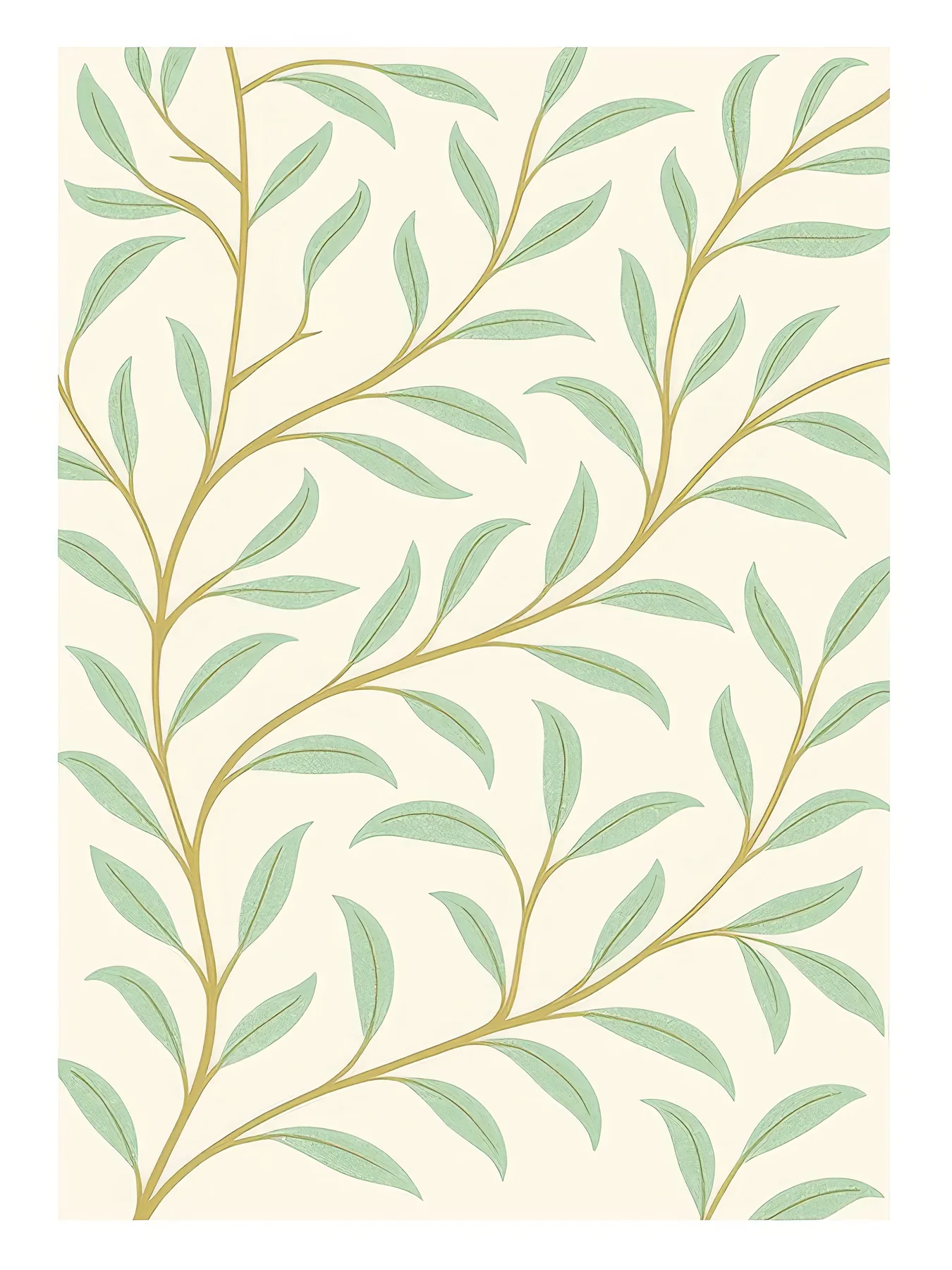 Onlly poster, Branch with Green Leaves: A delicate green branch with small alternating leaves is drawn on cream.