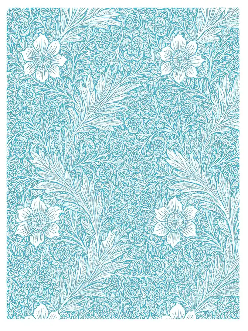 Onlly poster, Blue Floral Pattern on Pale Aqua: Small white flowers repeat in a delicate ornamental pattern.