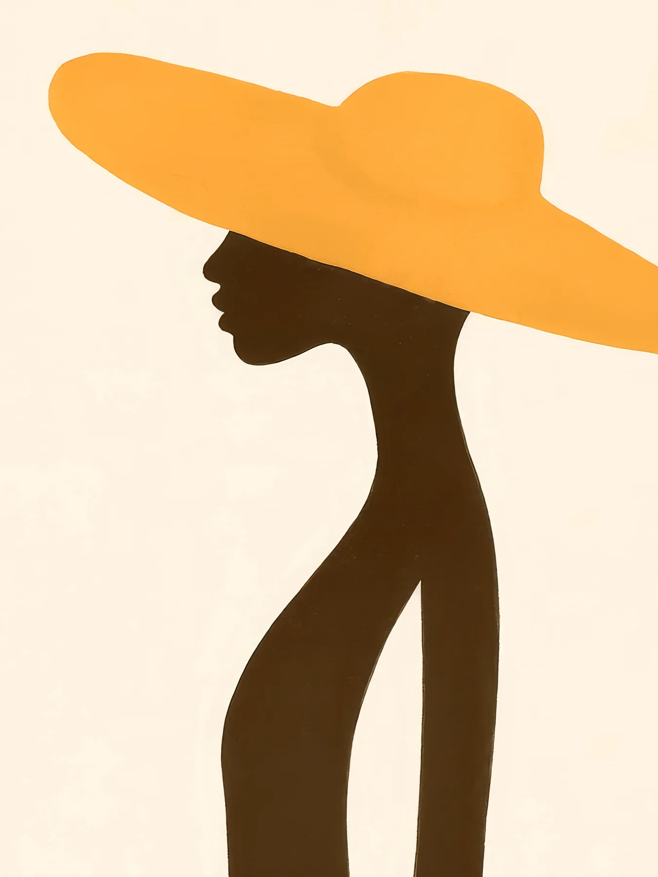 Onlly poster, Woman in a Wide Golden Hat: A dark silhouette wearing a bright ochre hat stands against pale pink.