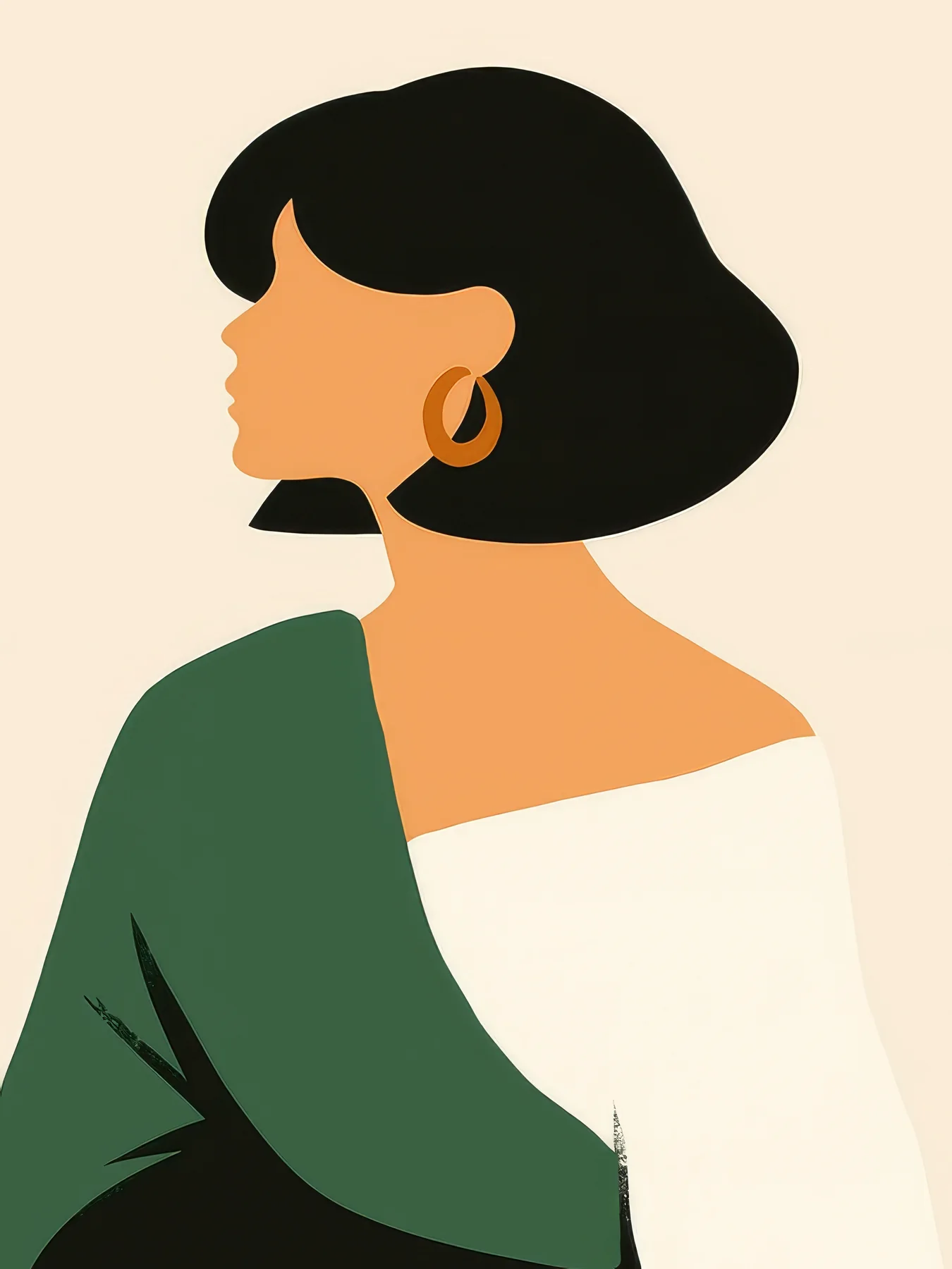 Onlly poster, Woman with a Flower in Green: A dark-haired woman in a deep green top holds a small pale flower.