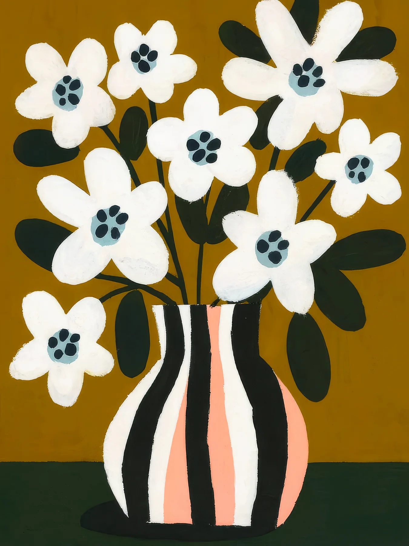 Onlly poster, White Blossoms in a Striped Vase: Pale flowers and dark foliage rise from a black-and-cream striped vase.