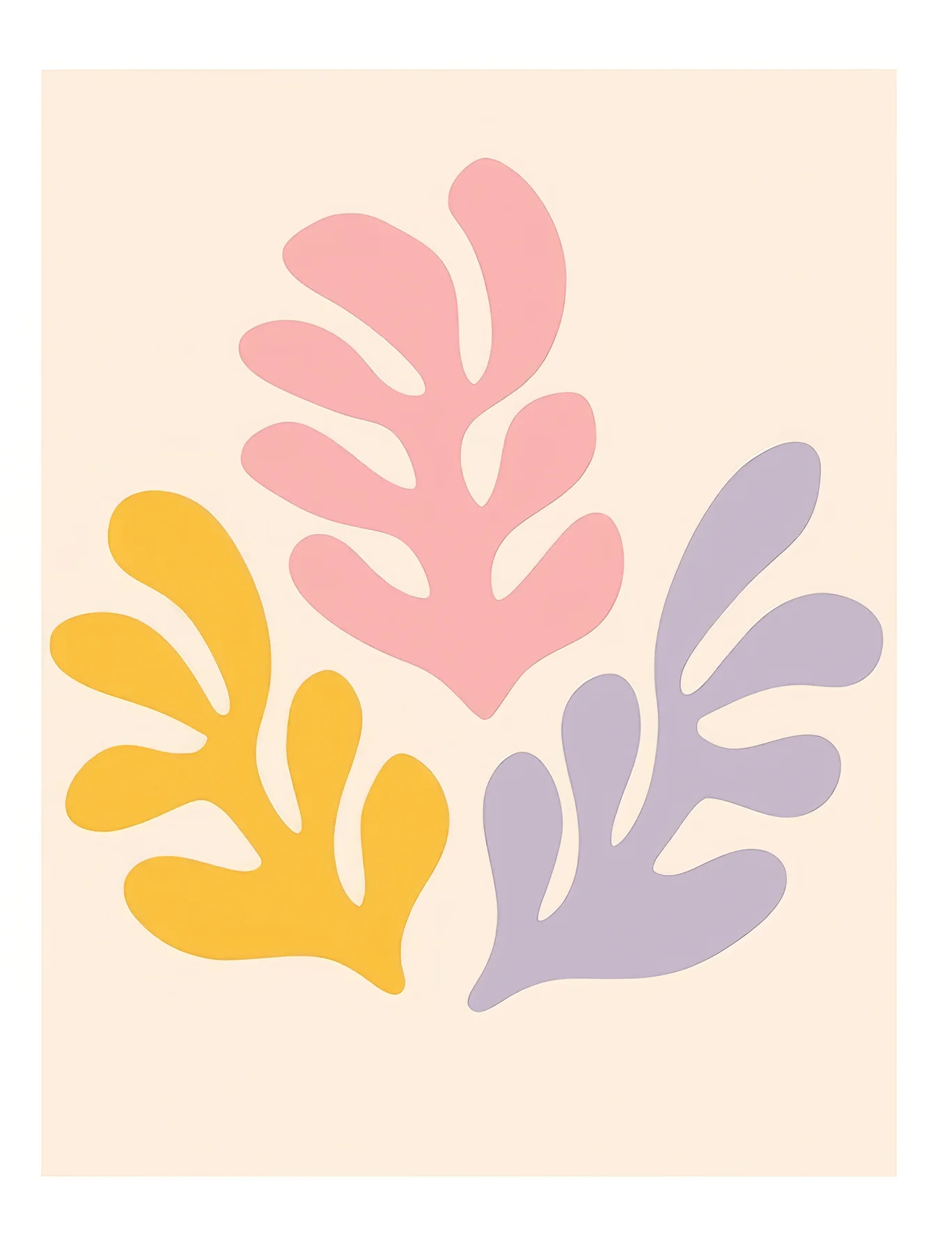 Onlly poster, Pastel Leaf Forms: Abstract botanical shapes in pink, yellow, blue and lavender float on cream.