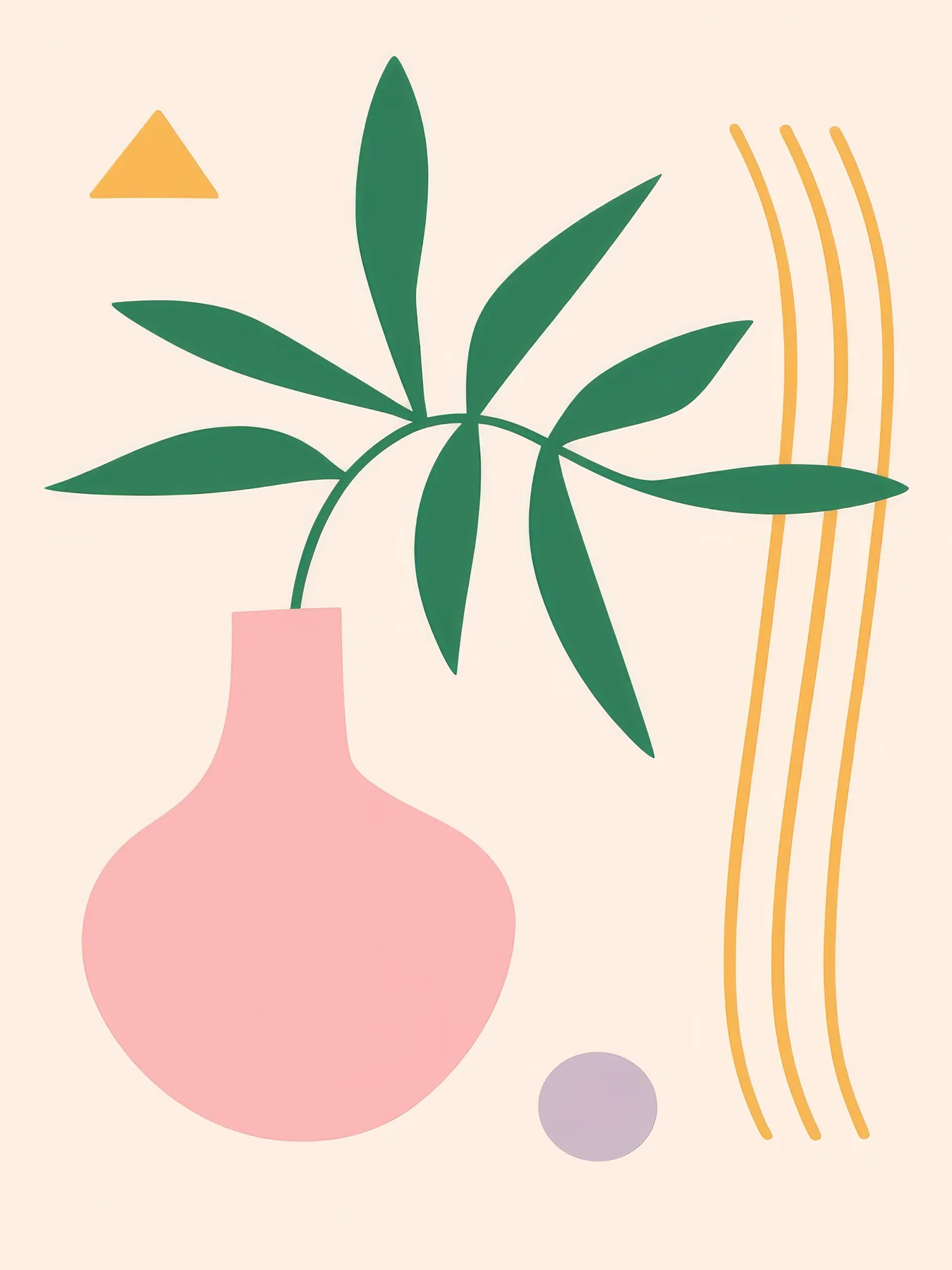 Onlly poster, Pink Vase with a Green Plant: A round pink vessel holds a leafy plant beside fine golden lines.