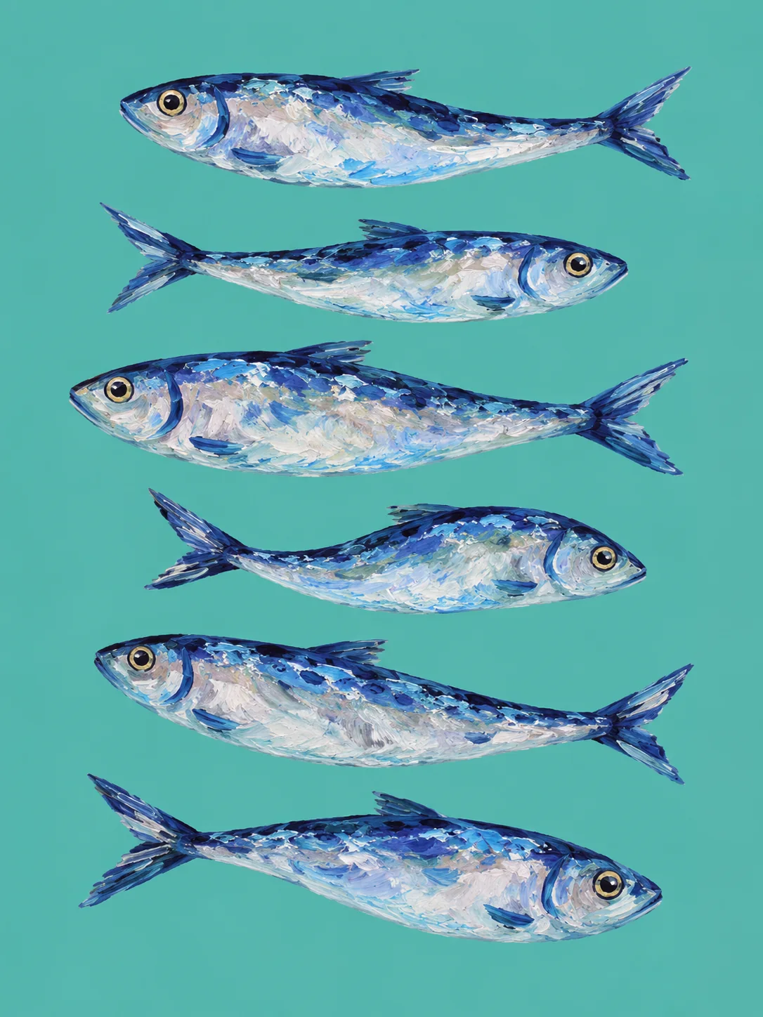 Five blue-silver sardines swim in a stacked row across a turquoise background.