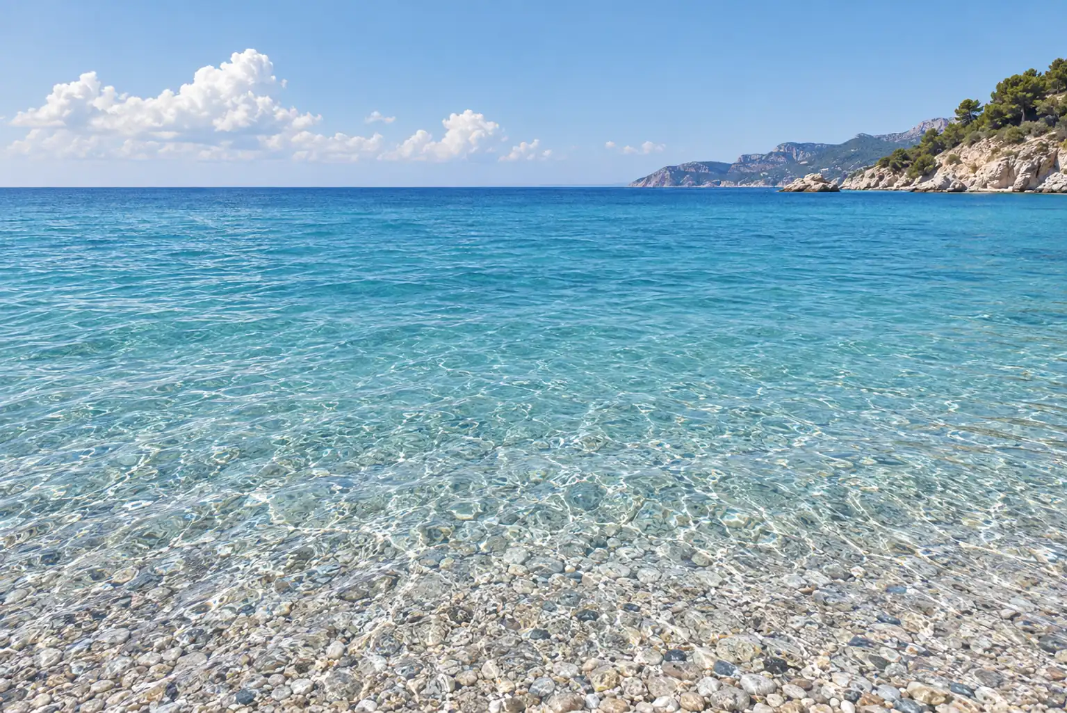 Clear turquoise sea runs toward a green headland under a sky with a few clouds.