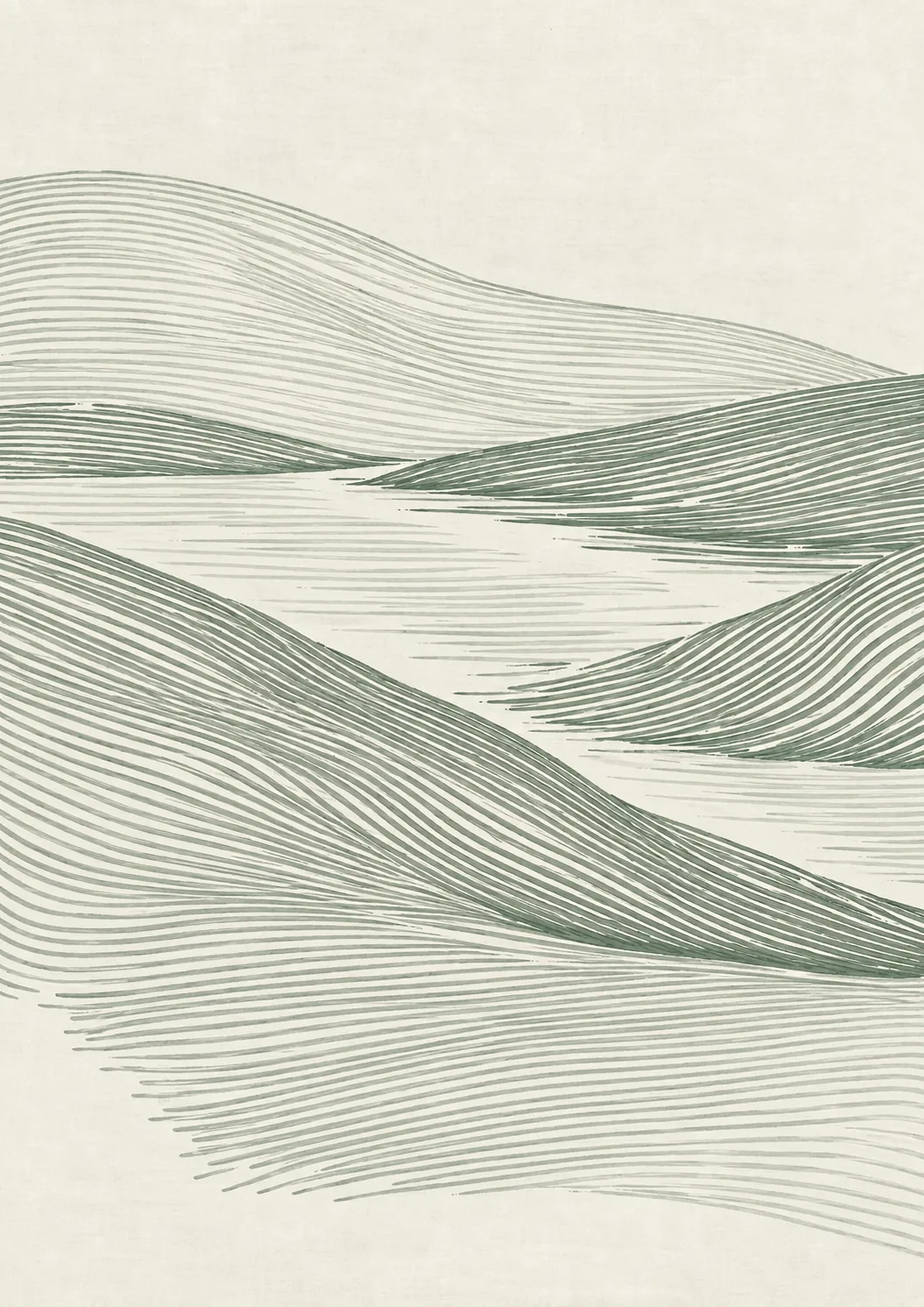 Sage-green fine lines form rolling hills on a pale cream background.