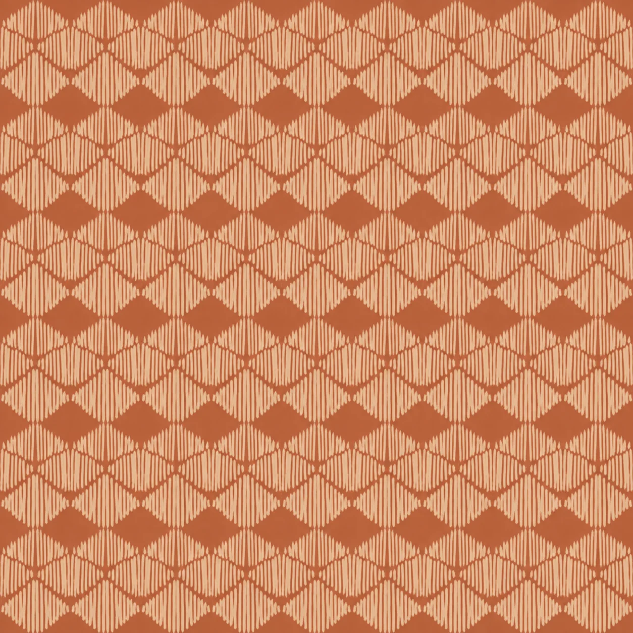 Repeating terracotta scallop motif with fine vertical lines in a tessellated pattern.