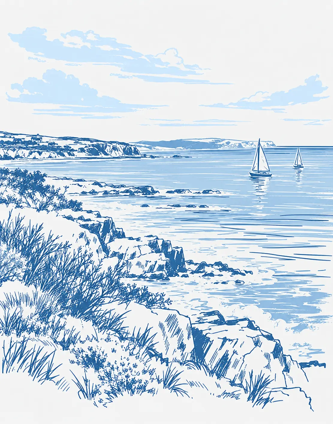 Blue ink-style drawing of a rocky coastline with grasses and two sailboats on the water.