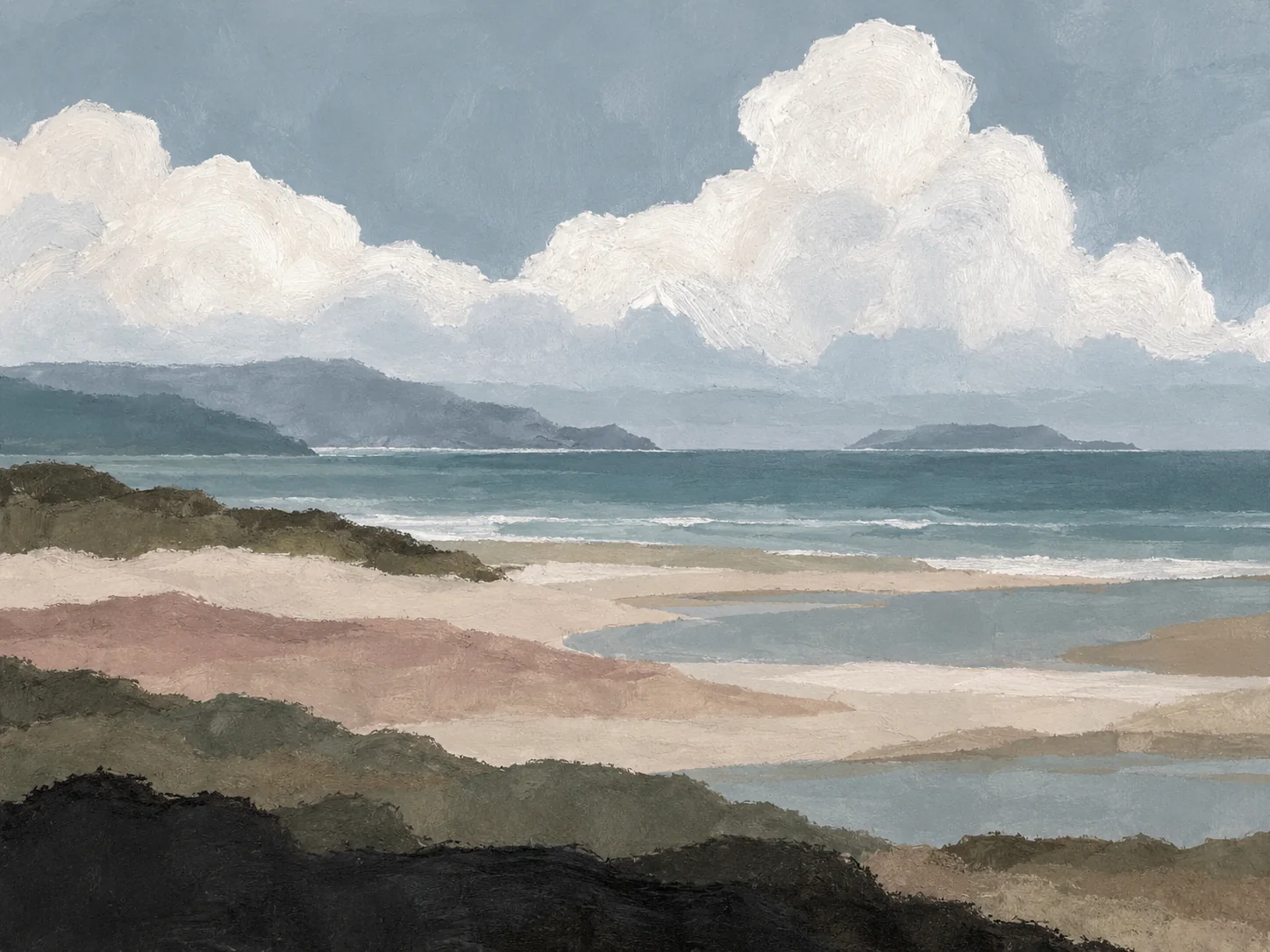 Painted coastal dunes and hills under a heavy cloud bank above a grey-green sea.