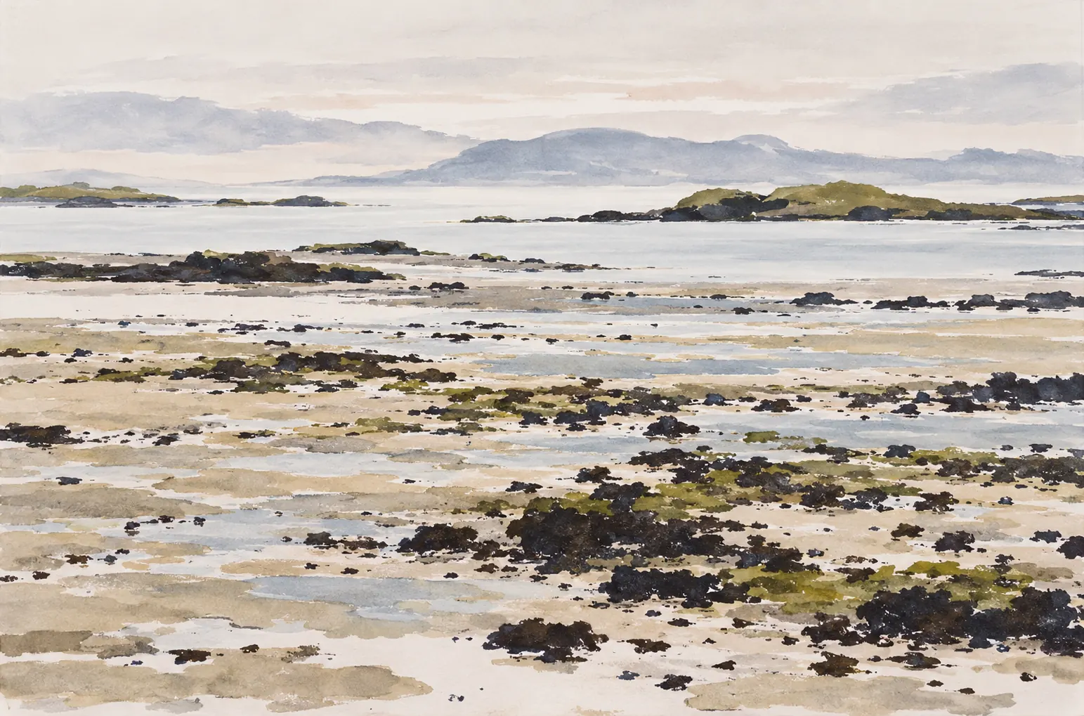 Painted low-tide shoreline with dark rocks, shallow water and distant green-topped islands under a pale sky.