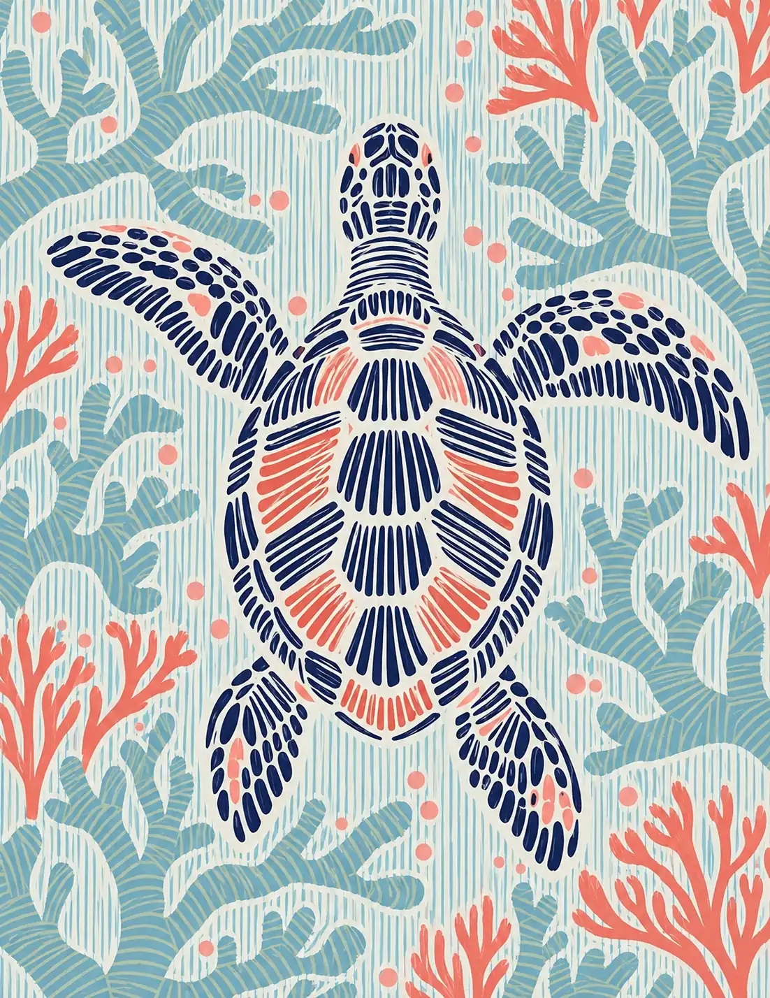 Stylised navy sea turtle with a striped shell and coral accents on a pale blue background.