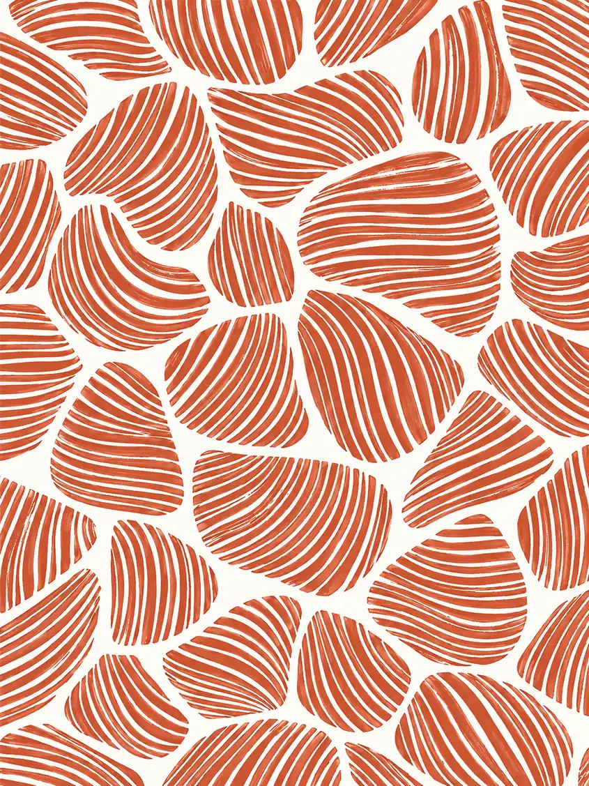 Terracotta pebble-like shapes filled with fine cream stripes on a pale background.