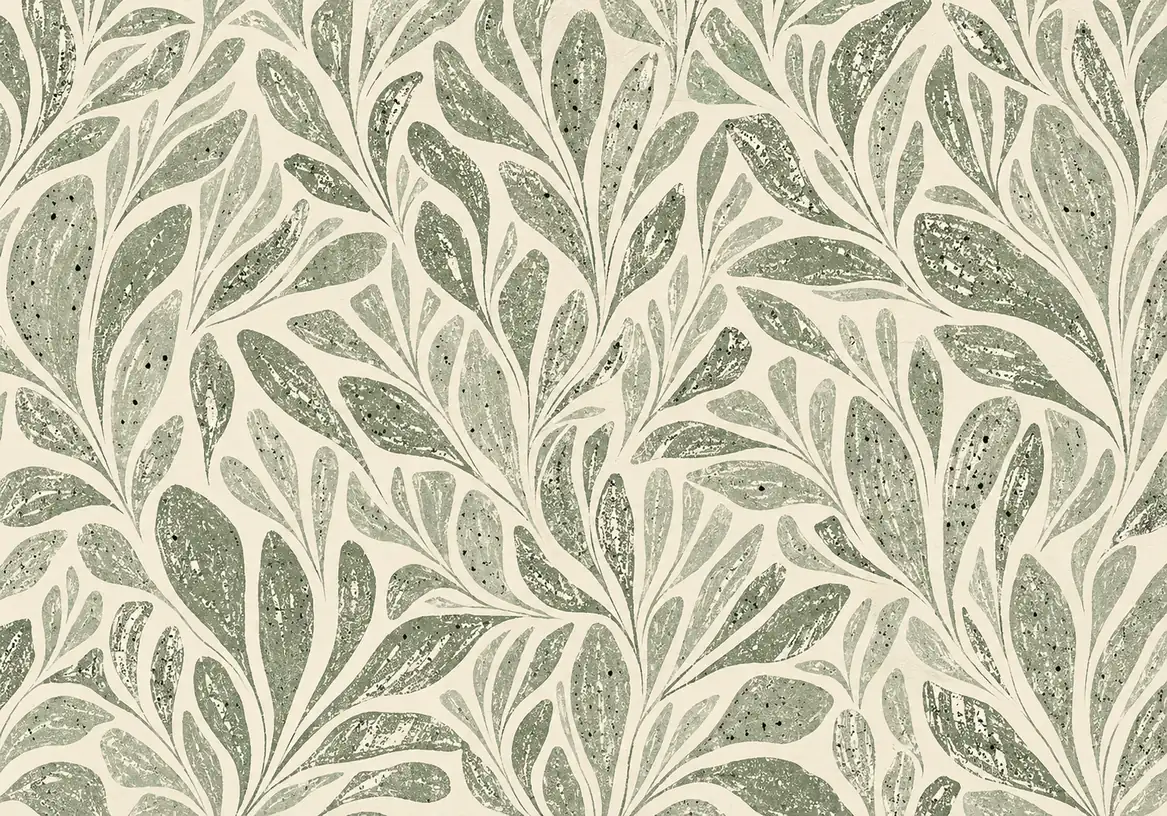 Repeating pattern of sage-green seaweed fronds with dotted texture on a cream background.