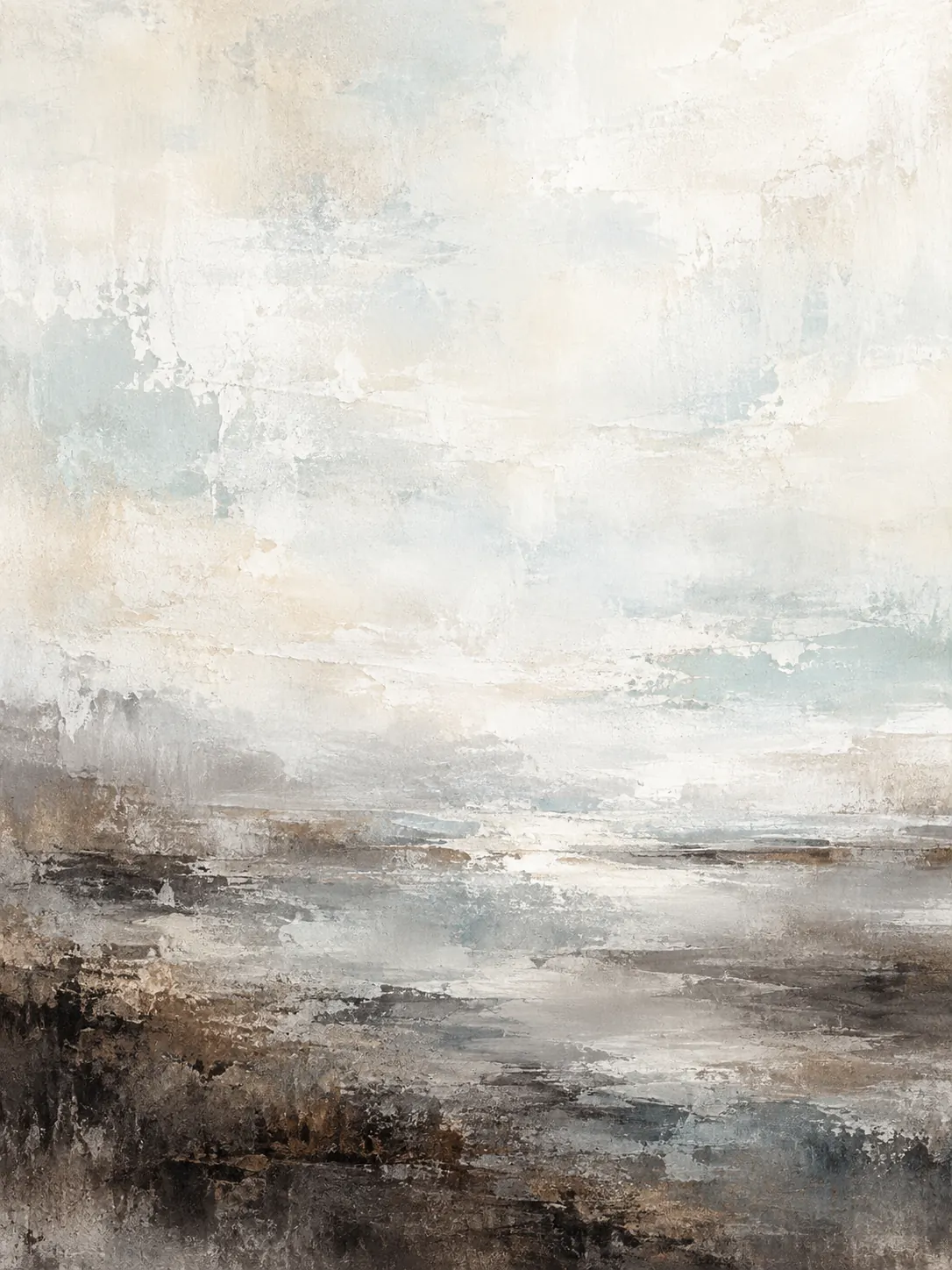 Textured abstract painting of pale grey and white bands drifting into charcoal at the base.