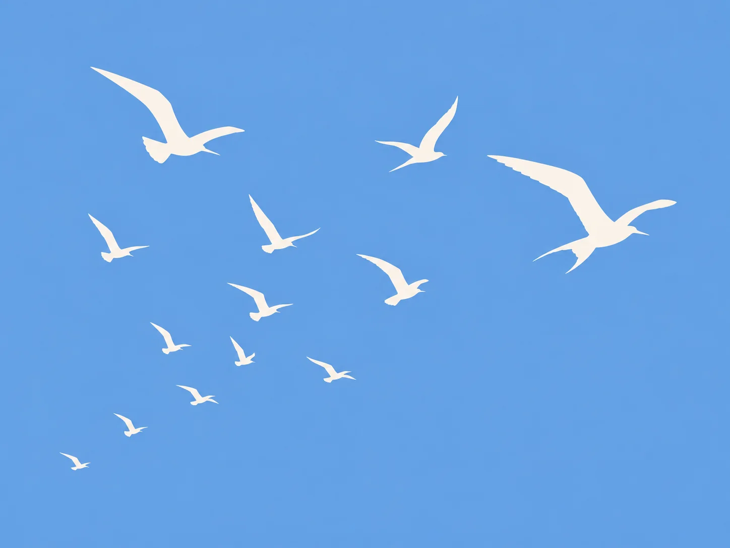 Flock of white seagulls in varied sizes flying across a flat, bright blue sky.