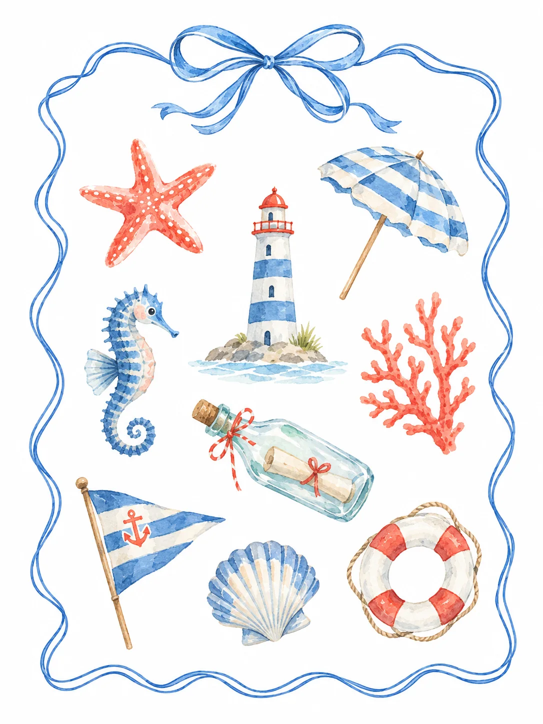 Blue ribbon border framing a lighthouse, starfish, seahorse, shells, umbrella and a message in a bottle.
