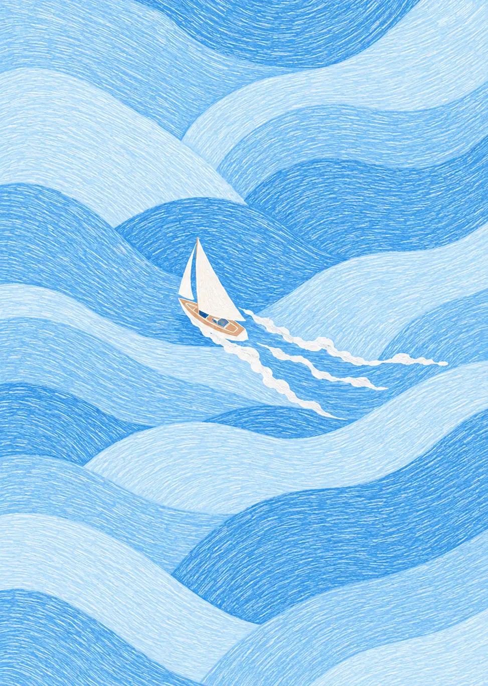Stylised blue wave bands with a small white sailboat and curling foam trails.