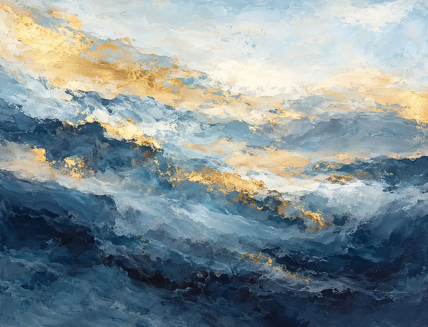 Abstract painting of dark navy waves with gold light breaking through pale grey clouds.