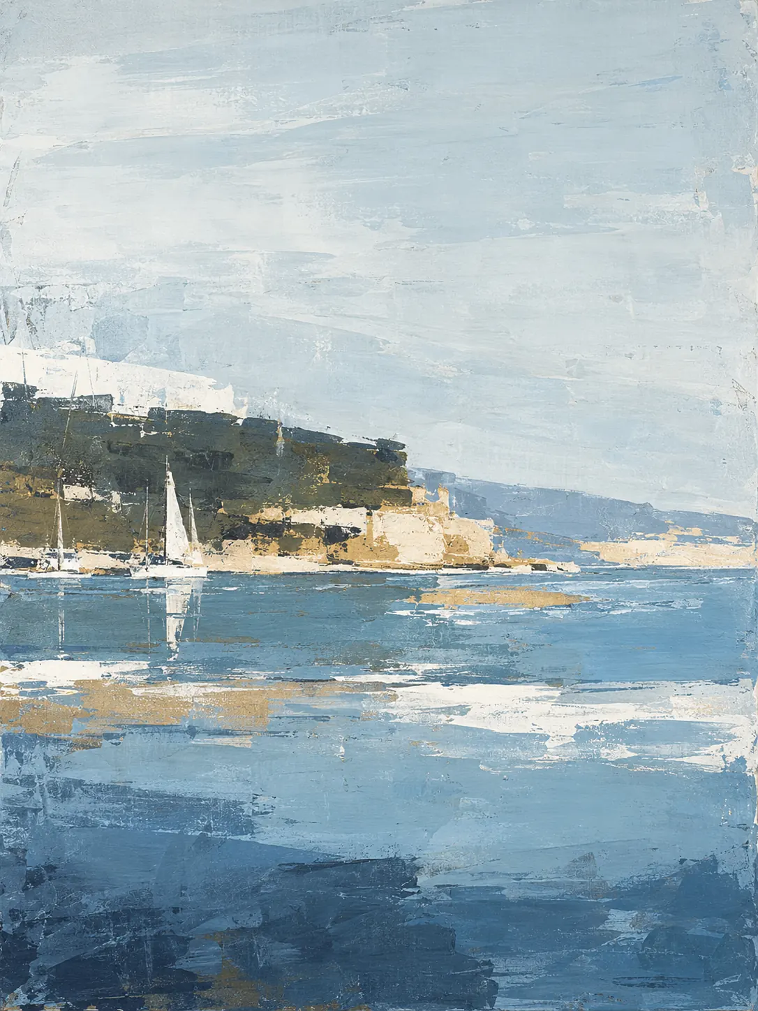 Painted harbour with white boats, a green-topped hillside and reflective blue water.