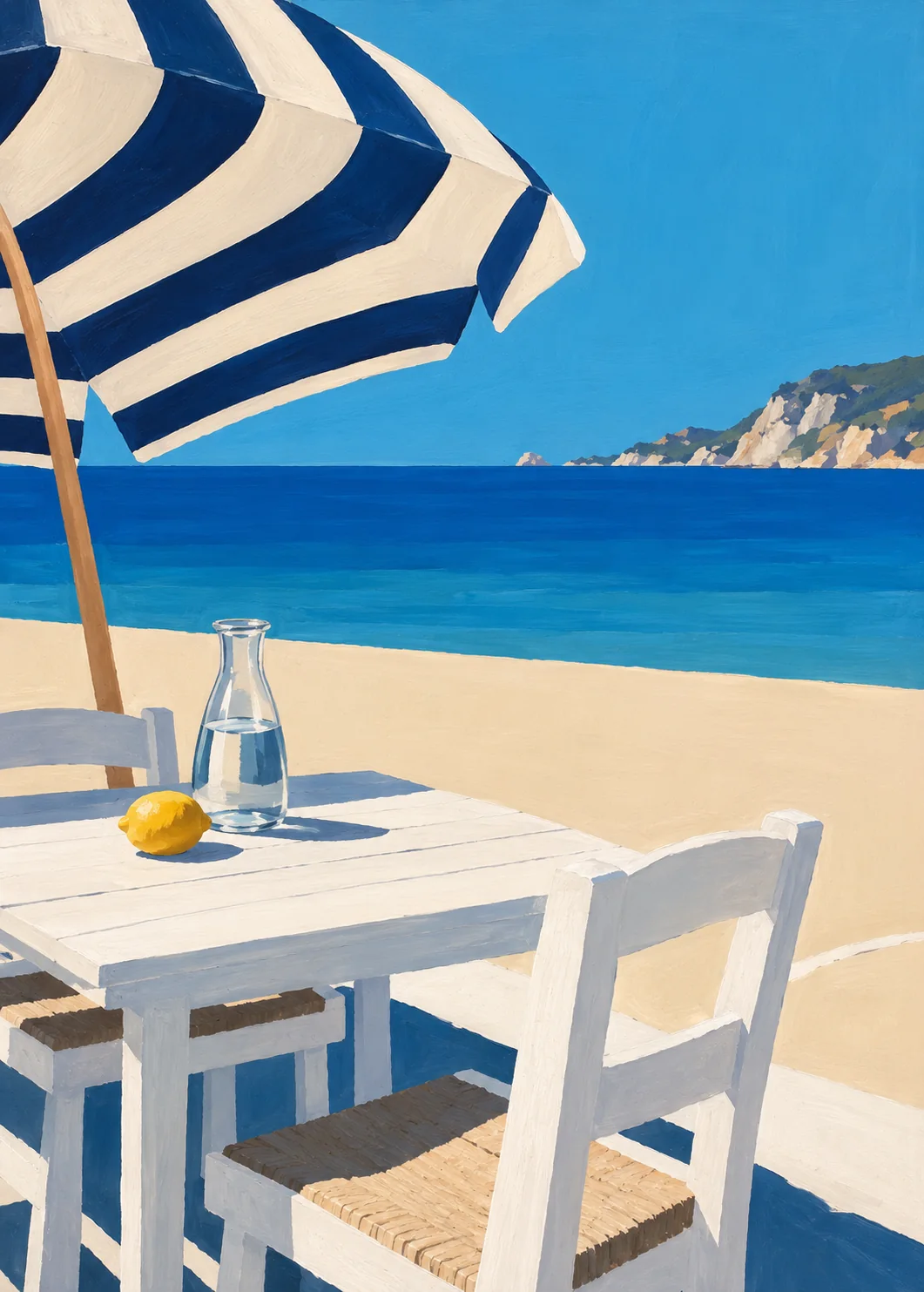 Painted beach table with two white chairs, a water carafe, a lemon and a blue-and-white striped umbrella.