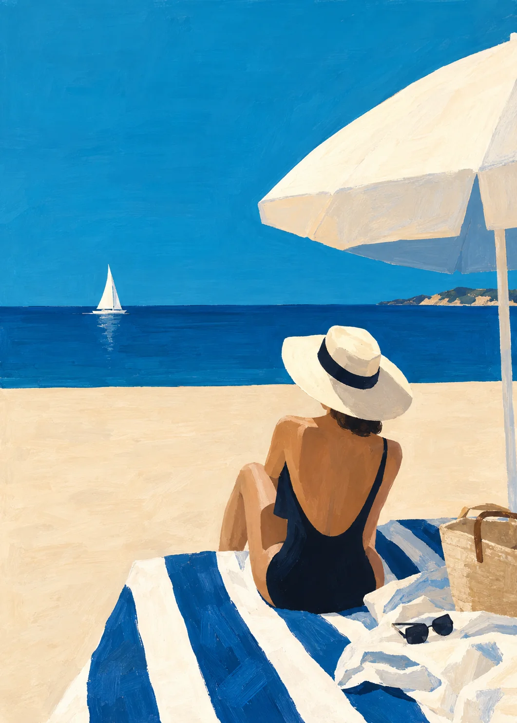 Woman in a black swimsuit and straw hat sits on a blue-and-white striped towel beneath a large umbrella.