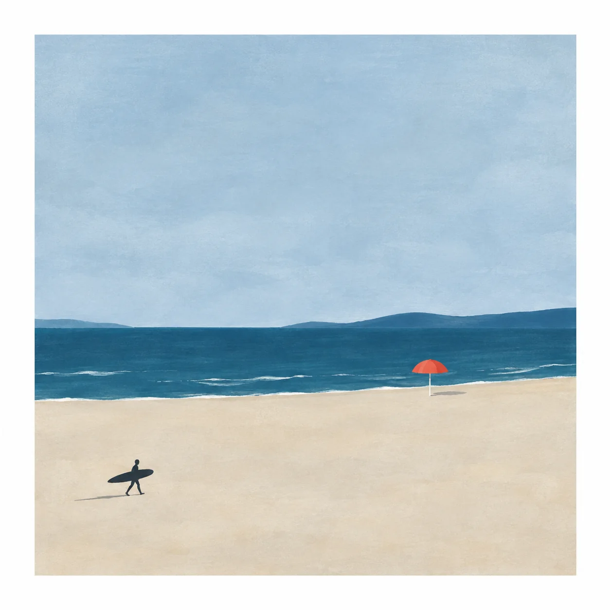 Minimal beach scene with a tiny surfer's shadow, a single red parasol and a pale blue sky.