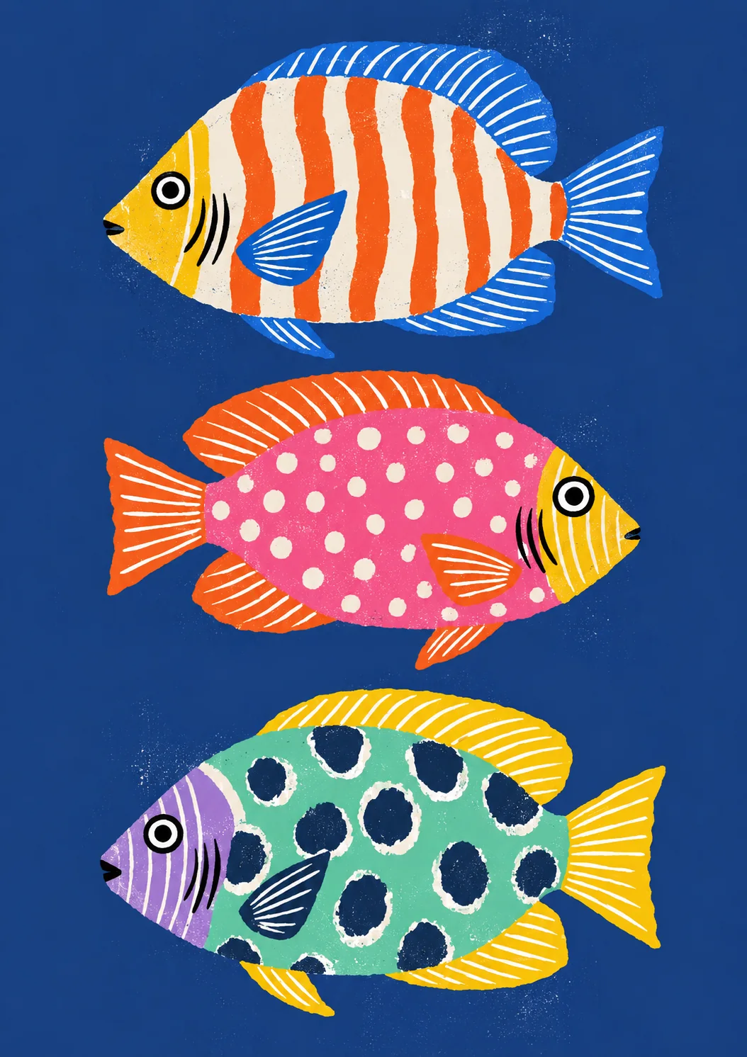Three stylised tropical fish on a navy background: orange-striped, pink with white dots, and mint with navy spots.
