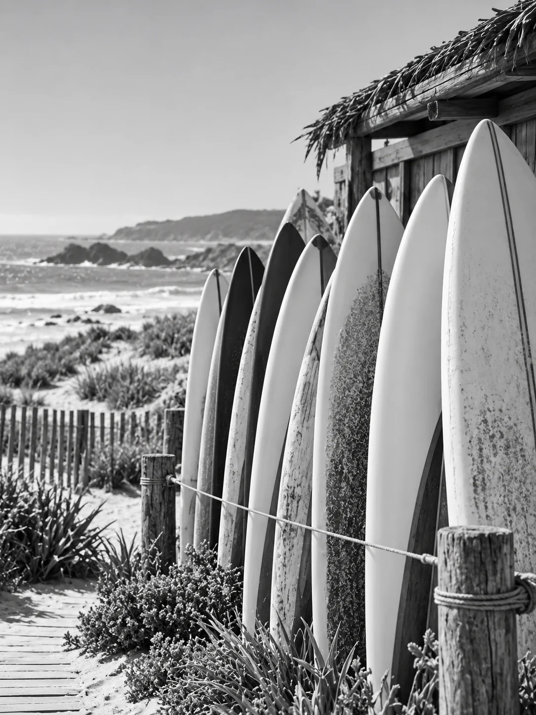 Black-and-white photo of tall surfboards leaning against a weathered beach shed beside a wooden fence.