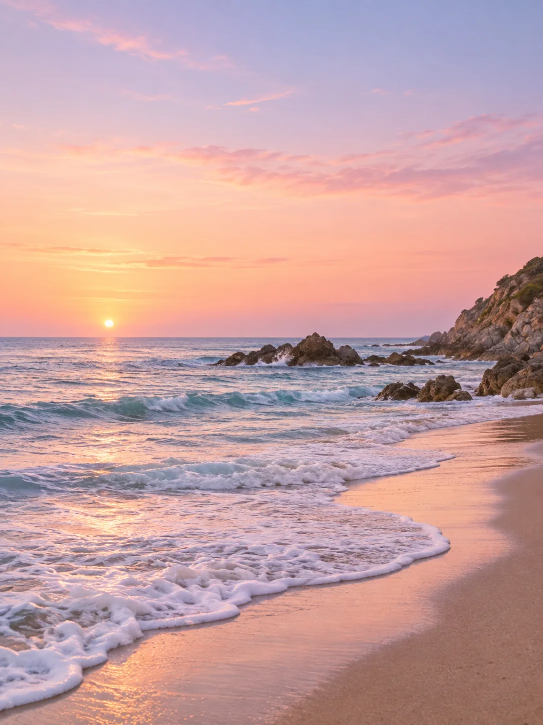 Pastel sunset over a rocky coast, with foamy waves washing across a warm sandy beach.