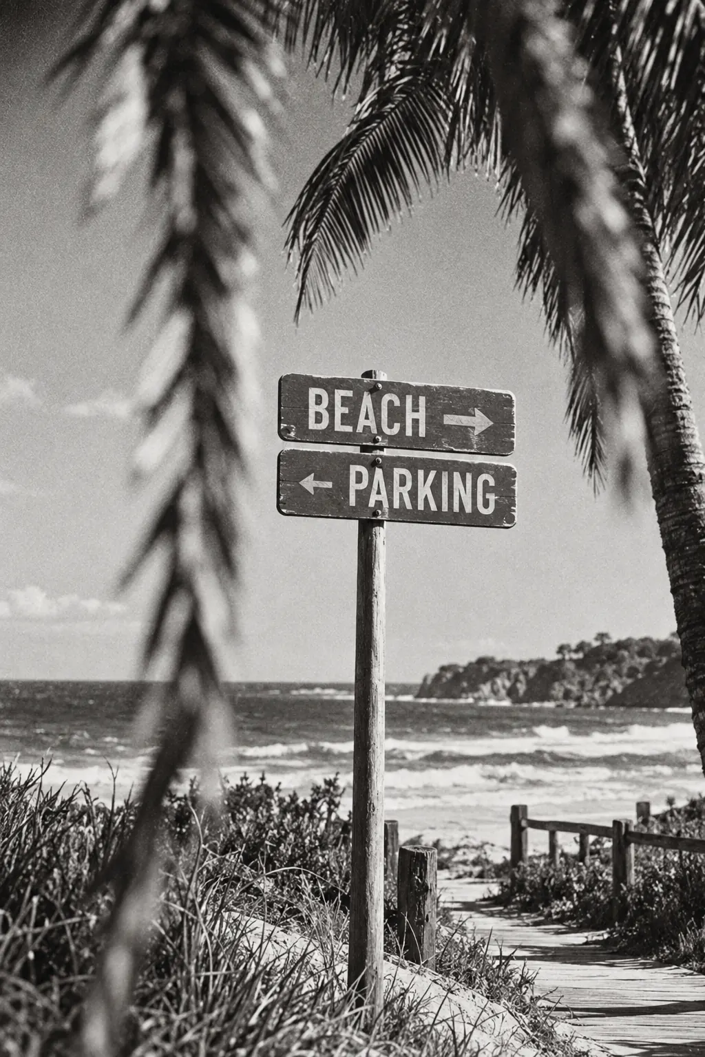 Black-and-white photo of a beach and parking signpost framed by palm fronds and a wooden boardwalk.