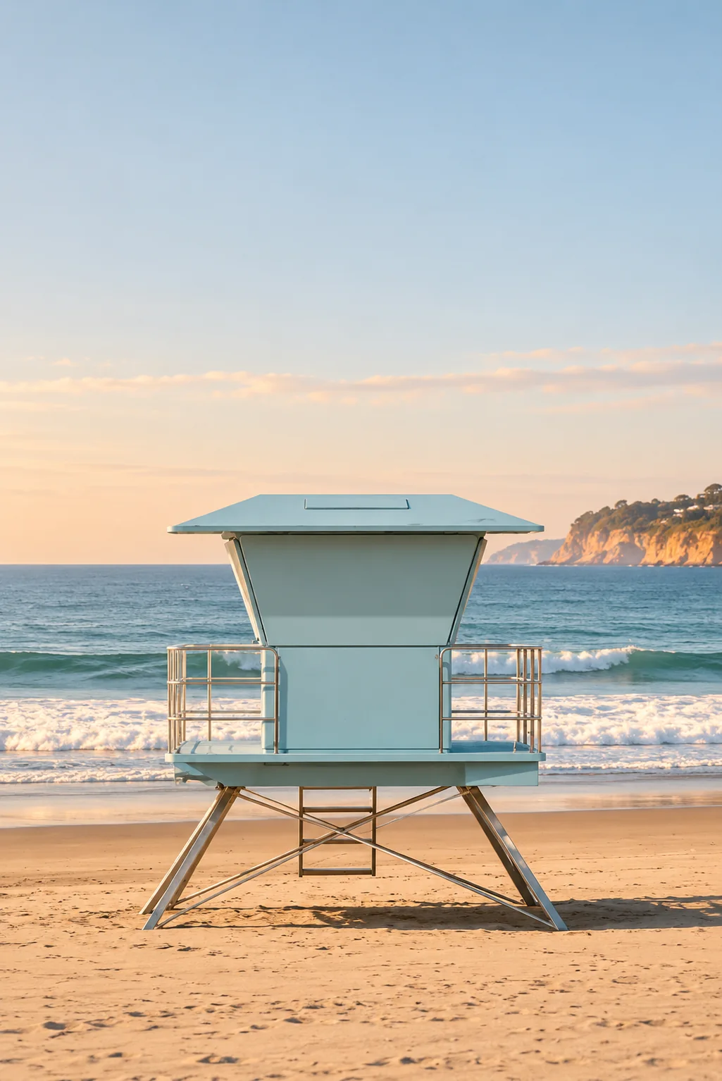 Pale turquoise lifeguard tower on golden sand, with blue surf and a cliff beyond at sunset.