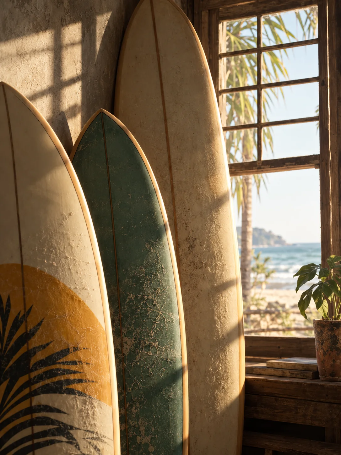 Surfboards standing in a sunlit room beside an open window with palm trees and sea views beyond.