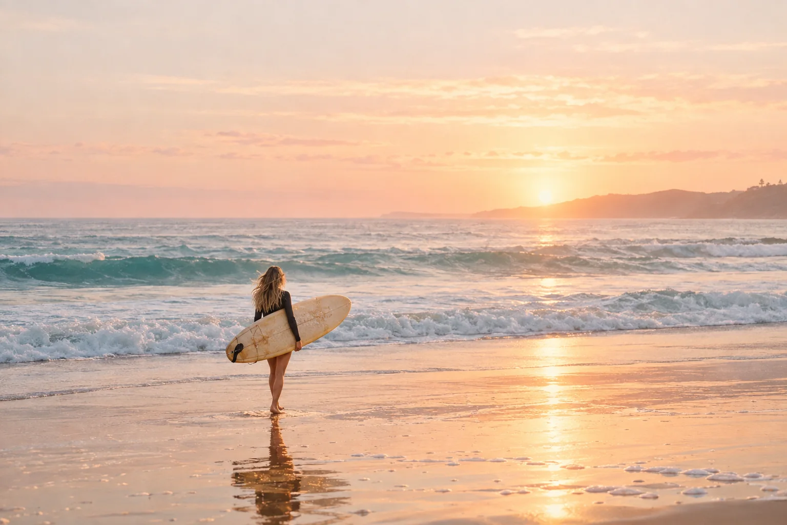 Surfer girl walking along a sunset shoreline with a board, reflected light on the wet sand.